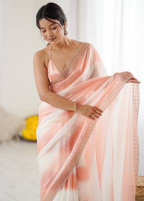 Peach fendy satin saree with zarkan diamond work & ultra satin blouse 3
