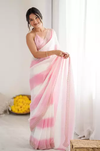 Baby pink fendy satin saree with zarkan diamond work & ultra satin blouse