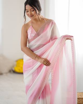 Baby pink fendy satin saree with zarkan diamond work & ultra satin blouse 3