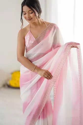 Baby pink fendy satin saree with zarkan diamond work & ultra satin blouse