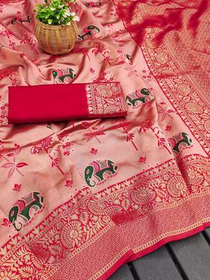 Peach silk blend banarasi jaquard designer saree with blouse 2