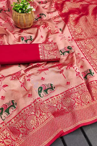 Peach silk blend banarasi jaquard designer saree with blouse