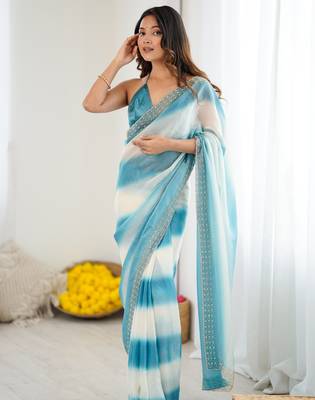 Blue fendy satin saree with zarkan diamond work & ultra satin blouse 1