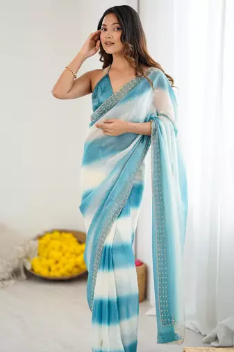 Blue fendy satin saree with zarkan diamond work & ultra satin blouse
