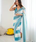 Blue fendy satin saree with zarkan diamond work & ultra satin blouse