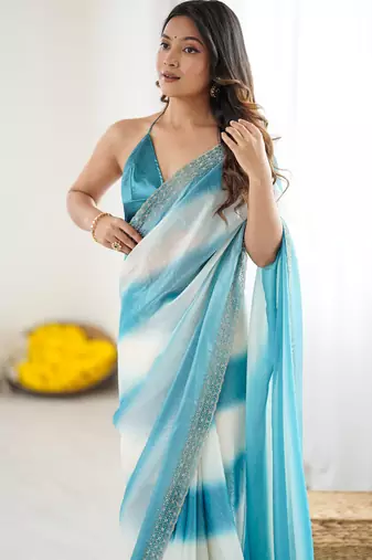 Blue fendy satin saree with zarkan diamond work & ultra satin blouse