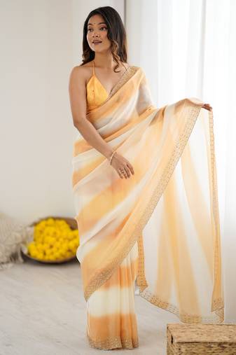 Yellowfendy satin saree with zarkan diamond work & ultra satin blouse