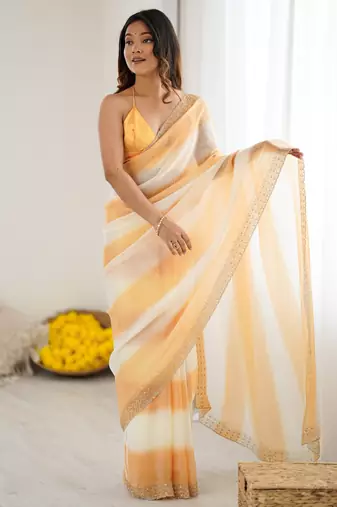 Yellowfendy satin saree with zarkan diamond work & ultra satin blouse