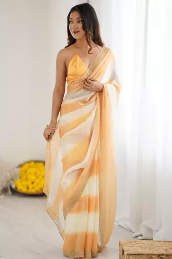 Yellowfendy satin saree with zarkan diamond work & ultra satin blouse