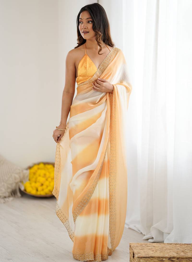 Yellowfendy satin saree with zarkan diamond work & ultra satin blouse