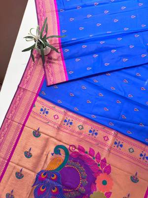 blue color banarasi paithani art silk saree with blouse 2