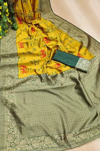 Yellow silk blend banarasi jaquard designer saree with blouse