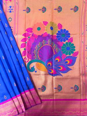blue color banarasi paithani art silk saree with blouse 3