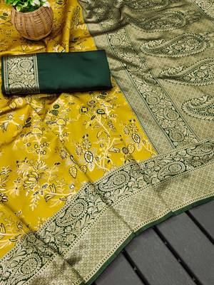 Mustard silk blend banarasi jaquard designer saree with blouse 2