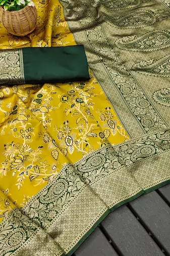 Mustard silk blend banarasi jaquard designer saree with blouse