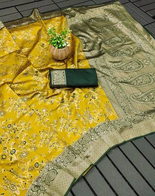 Mustard silk blend banarasi jaquard designer saree with blouse 3