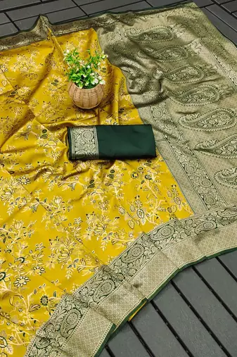 Mustard silk blend banarasi jaquard designer saree with blouse