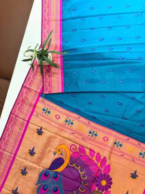 sky blue color banarasi paithani art silk saree with blouse 1