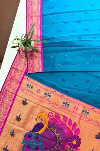 sky blue color banarasi paithani art silk saree with blouse