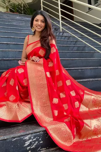 Red silk blend banarasi jaquard designer saree with blouse