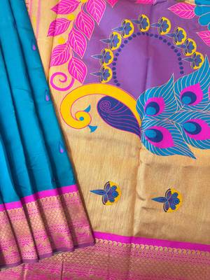 sky blue color banarasi paithani art silk saree with blouse 2