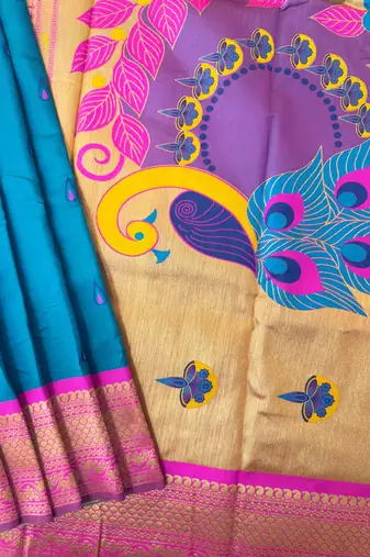 sky blue color banarasi paithani art silk saree with blouse