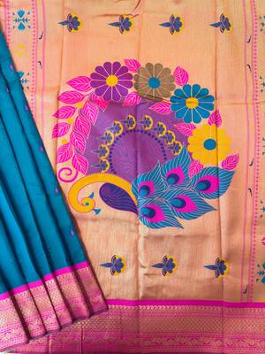 sky blue color banarasi paithani art silk saree with blouse 3