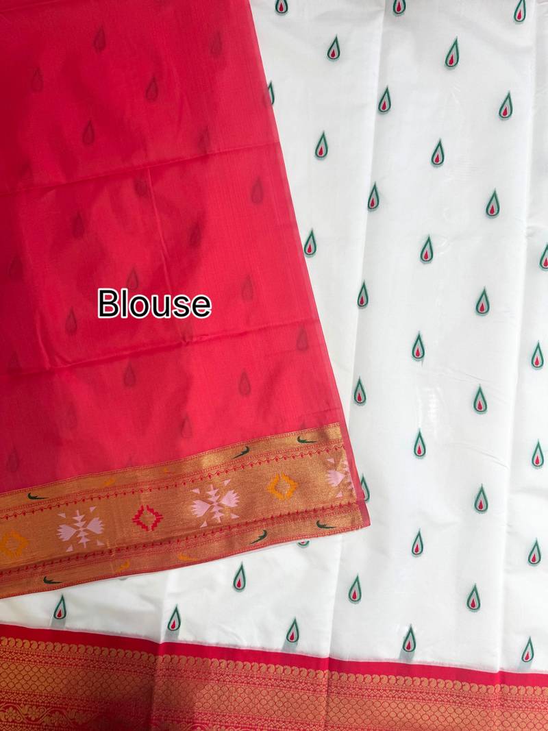 white color banarasi paithani art silk saree with blouse