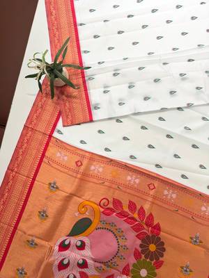 white color banarasi paithani art silk saree with blouse 2