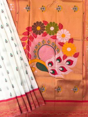 white color banarasi paithani art silk saree with blouse 4