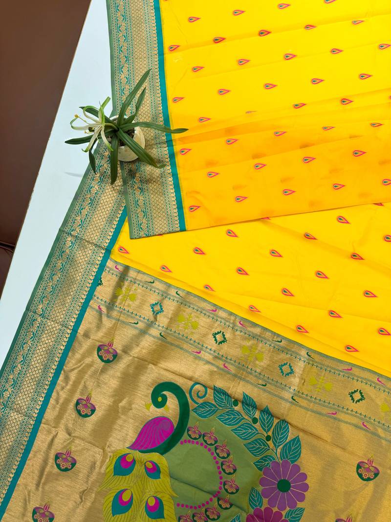 yellow color banarasi paithani art silk saree with blouse