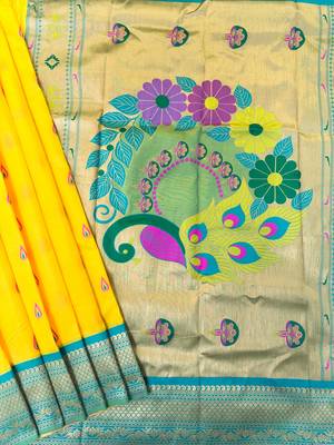 yellow color banarasi paithani art silk saree with blouse 2