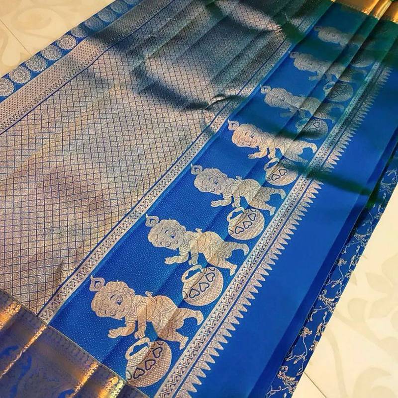 Blue soft silk blend banarasi jacuard work designer saree with blouse