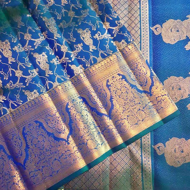 Blue soft silk blend banarasi jacuard work designer saree with blouse