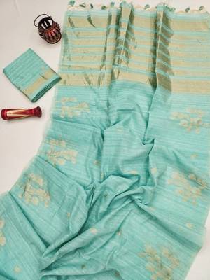 sky blue color art silk saree with blouse 2