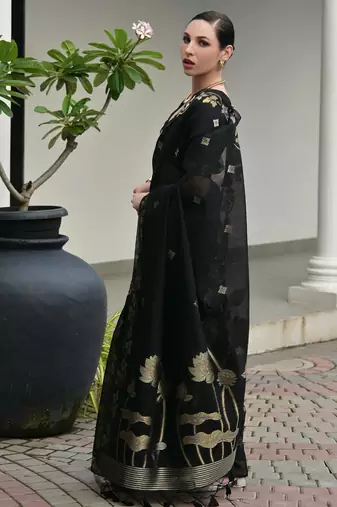 black color jute art silk saree with blouse