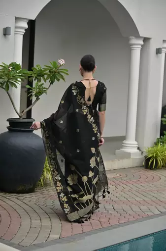 black color jute art silk saree with blouse
