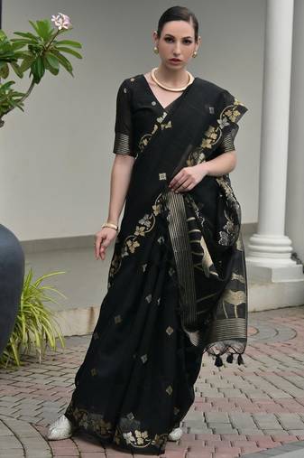 black color jute art silk saree with blouse