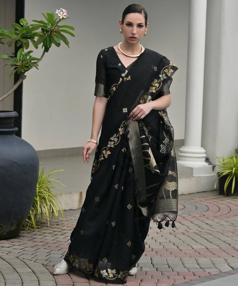 black color jute art silk saree with blouse