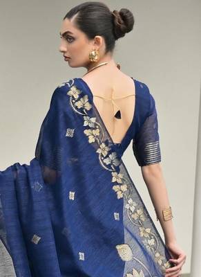 blue color jute art silk saree with blouse 2