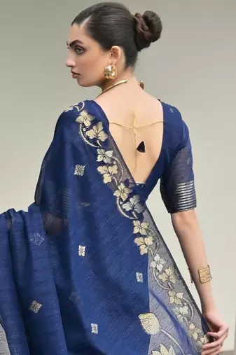 blue color jute art silk saree with blouse