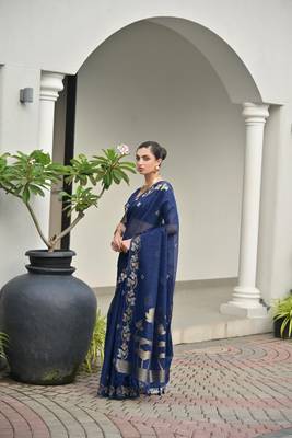 blue color jute art silk saree with blouse 3