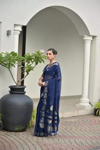 blue color jute art silk saree with blouse