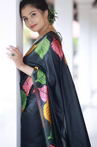 Black silk blend banarasi jaquard designer saree with blouse
