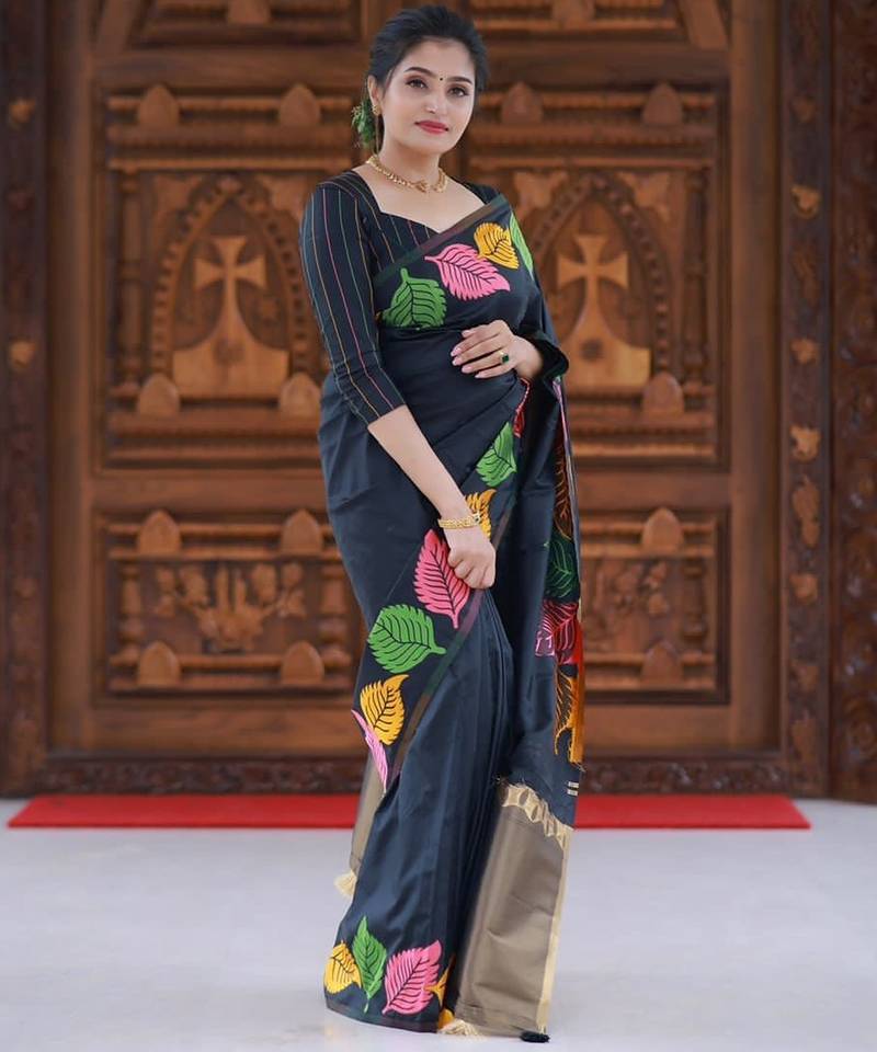 Black soft silk blend banarasi jacuard work designer saree with blouse