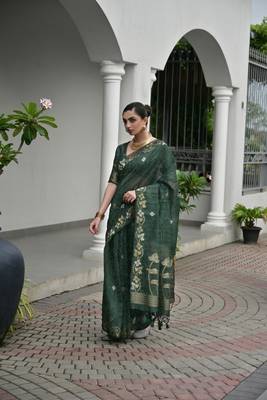 green color jute art silk saree with blouse 5