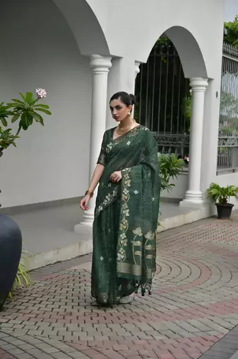 green color jute art silk saree with blouse