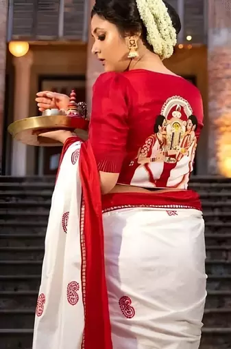 Off white silk blend banarasi jaquard designer saree with blouse