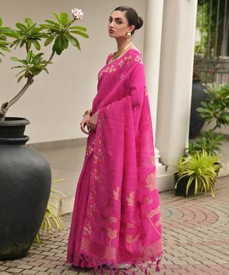pink color jute art silk saree with blouse 3