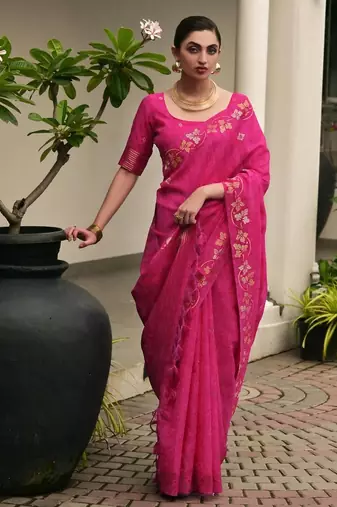 pink color jute art silk saree with blouse